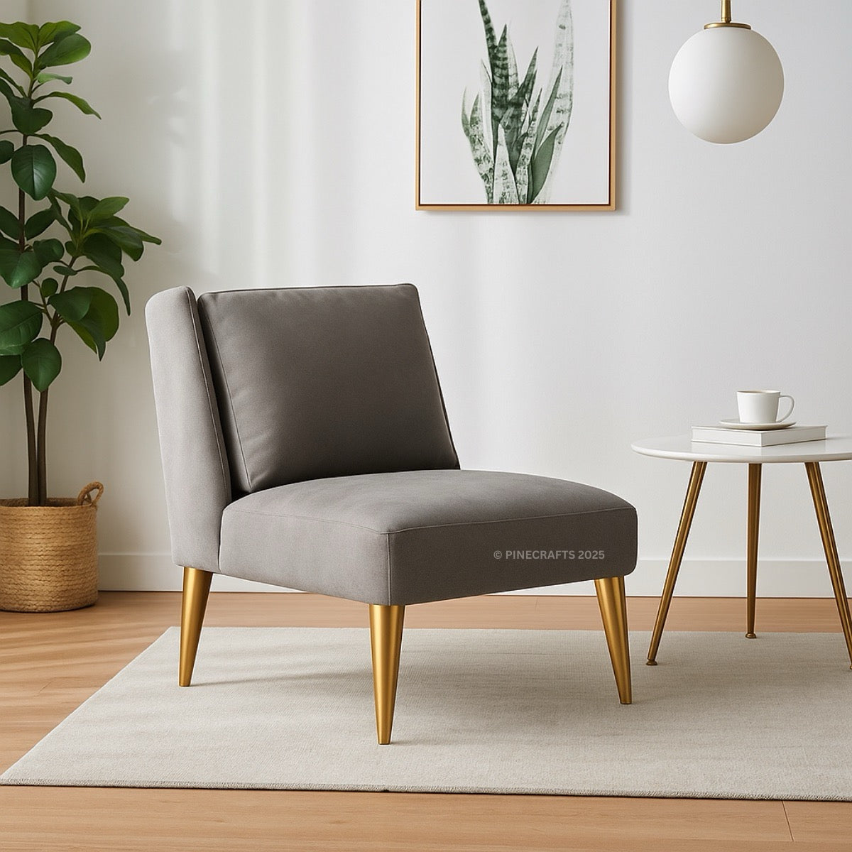 Gray chair with gold legs in a modern living room setting